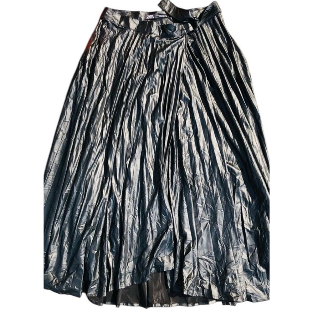 Zara Black Faux Leather Midi Skirt Belt Pleated Maxi Women XS Blogger Fave Wrap - Picture 2 of 11